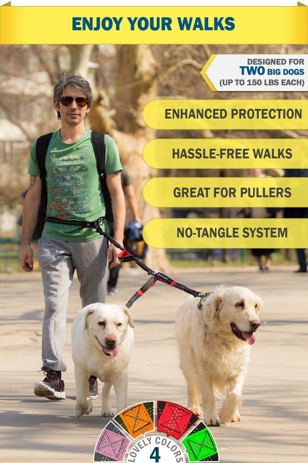 Exquisite Hands Free Double Leash for Two Dogs No Tangle. Premium Quality & Versatile Running Your Two Large Dogs. You Will Absolutely Love This Amazing Dual Dog Leash (Black & Red)