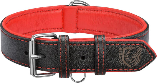 Riparo Adjustable Leather Dog Collar - Heavy Duty Wide Dog Collar for Small, Medium, Large and Extra Large Dogs with Dog Tag Holder (XXL: 2” Wide for 24”-29” Neck, Black/Red Thread)